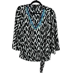 Rafaella Geometric Embellished Tie Knot Long Sleeve Blouse Medium Black White